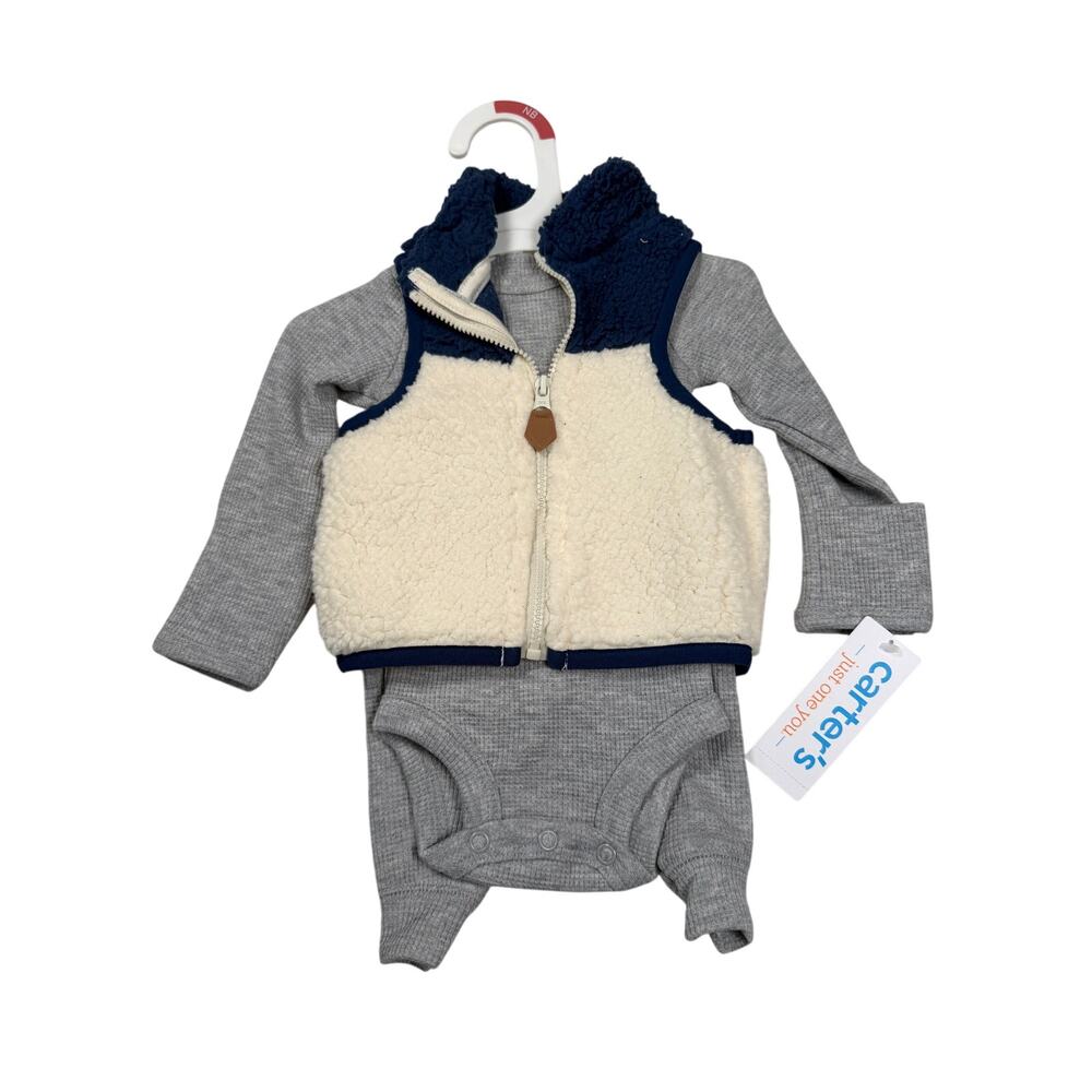 Carters 3 Piece Outfit Boys Newborn Long Sleeve Bodysuit Pants Vest Gray Blue